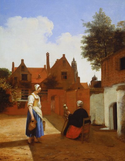 Binnenplaats in Delft bij Avond - een Vrouw die Spint door Pieter de Hooch